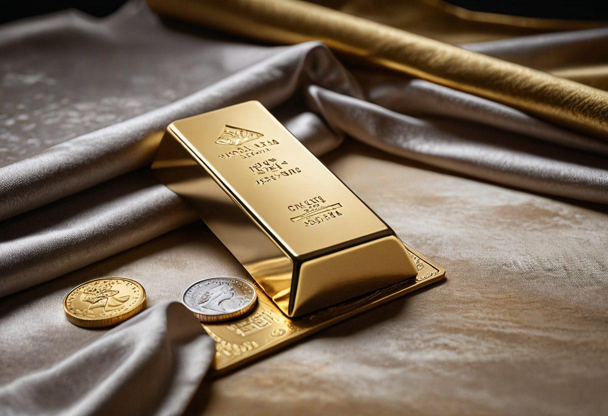 A close-up view of a shiny gold bar and a silver coin stacked on a soft velvet cloth, symbolizing wealth and security. Include a faint outline of a financial graph in the background to represent growth, and warm candlelight enhancing the luxurious feel. The scene should convey stability and prosperity, inviting viewers to explore the benefits of precious metals. super-realistic. warm colors. soft lighting.