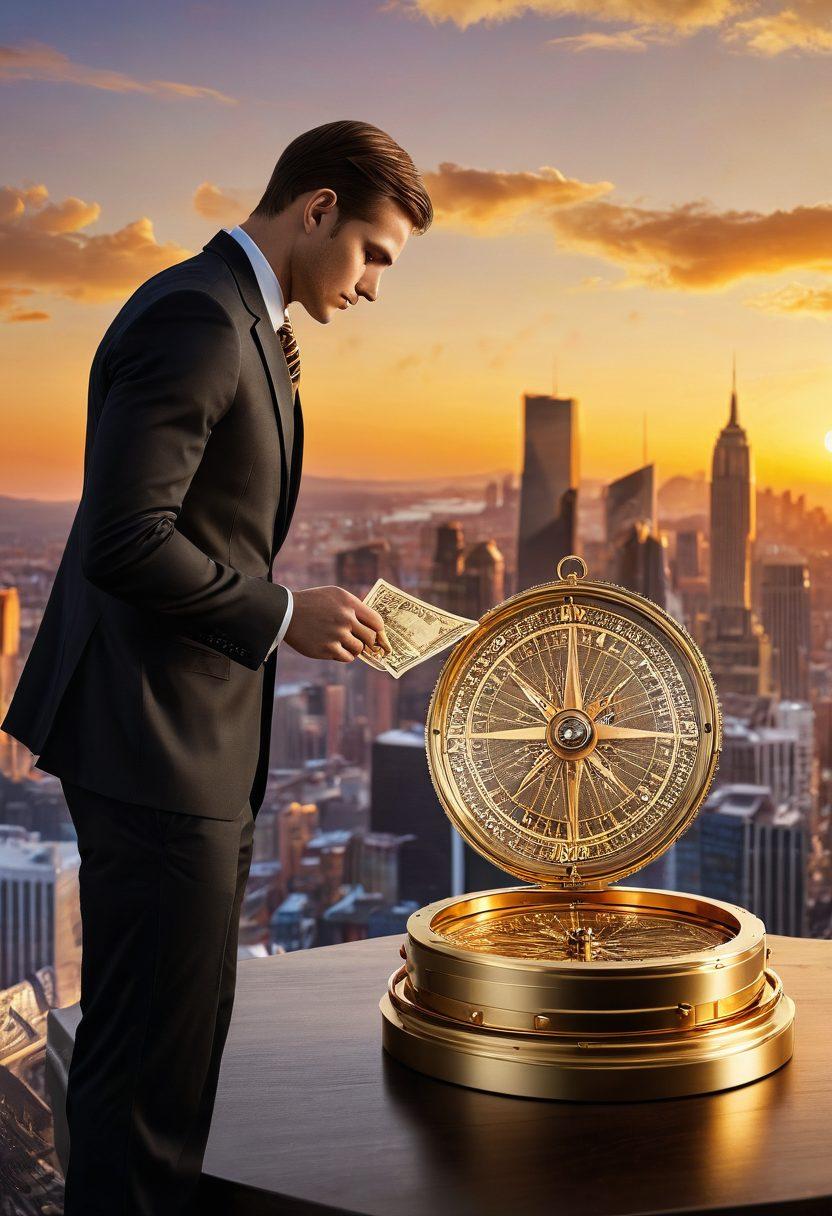 A sophisticated financial analyst examining a golden compass with intricate details, surrounded by gold bars and fluctuating graph projections hovering in the air. The background features a city skyline at sunset, symbolizing investment opportunities. Warm golden tones highlight the wealth and precision in investing. super-realistic. vibrant colors. 3D.