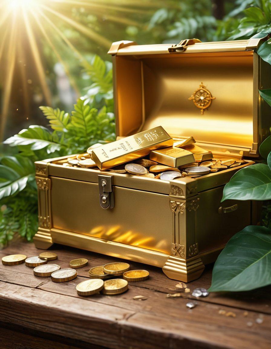 A majestic gold bar and several shiny silver coins placed atop a treasure chest filled with sparkling jewels, reflecting the glow of golden sunlight. In the background, a blurred graph displaying upward trends and a compass, symbolizing smart investments and direction. Surround the scene with lush green foliage to represent growth and prosperity. vibrant colors. super-realistic.